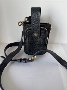 Bandolier Black Leather Crossbody Phone Pouch with Gold Hardware